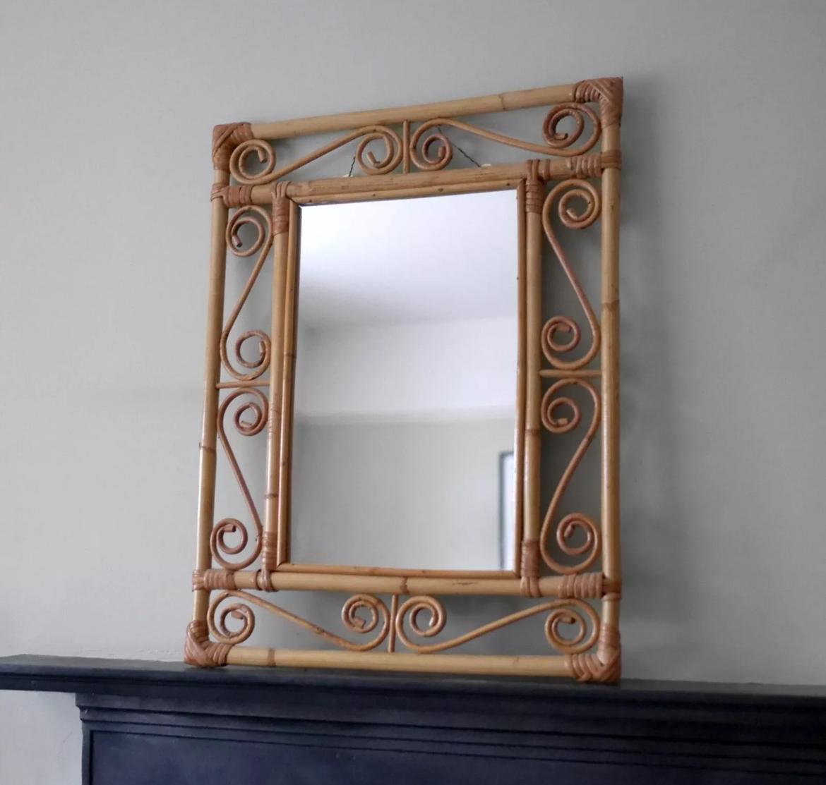 1970s decorative bamboo wall mirror, bohemian
