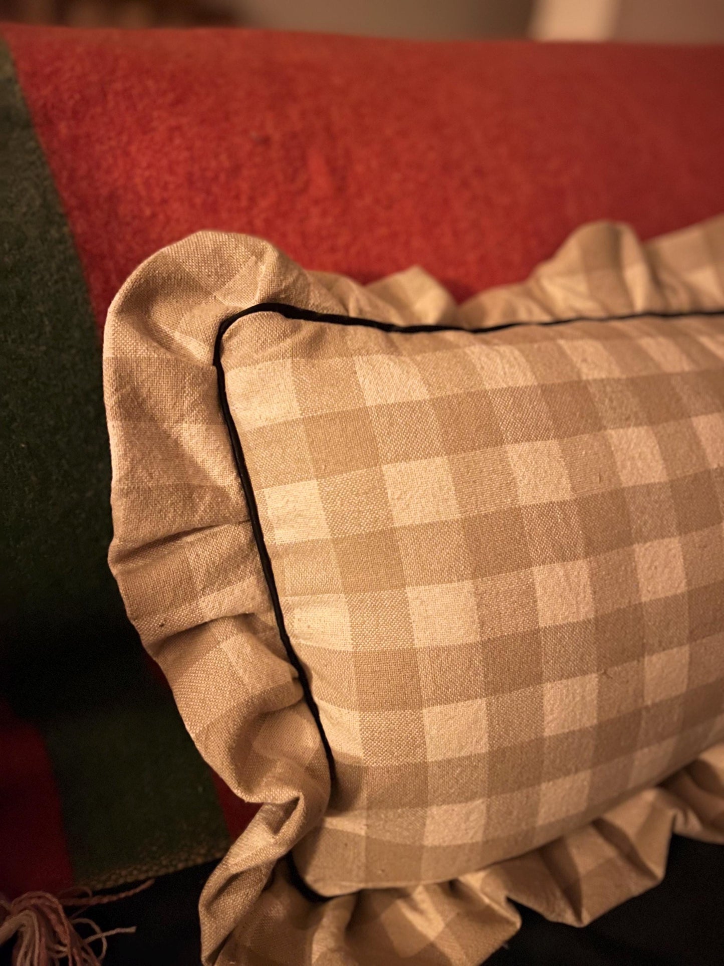 Handmade frilly gingham cushion with piping detail and invisible zip in various sizes and colours