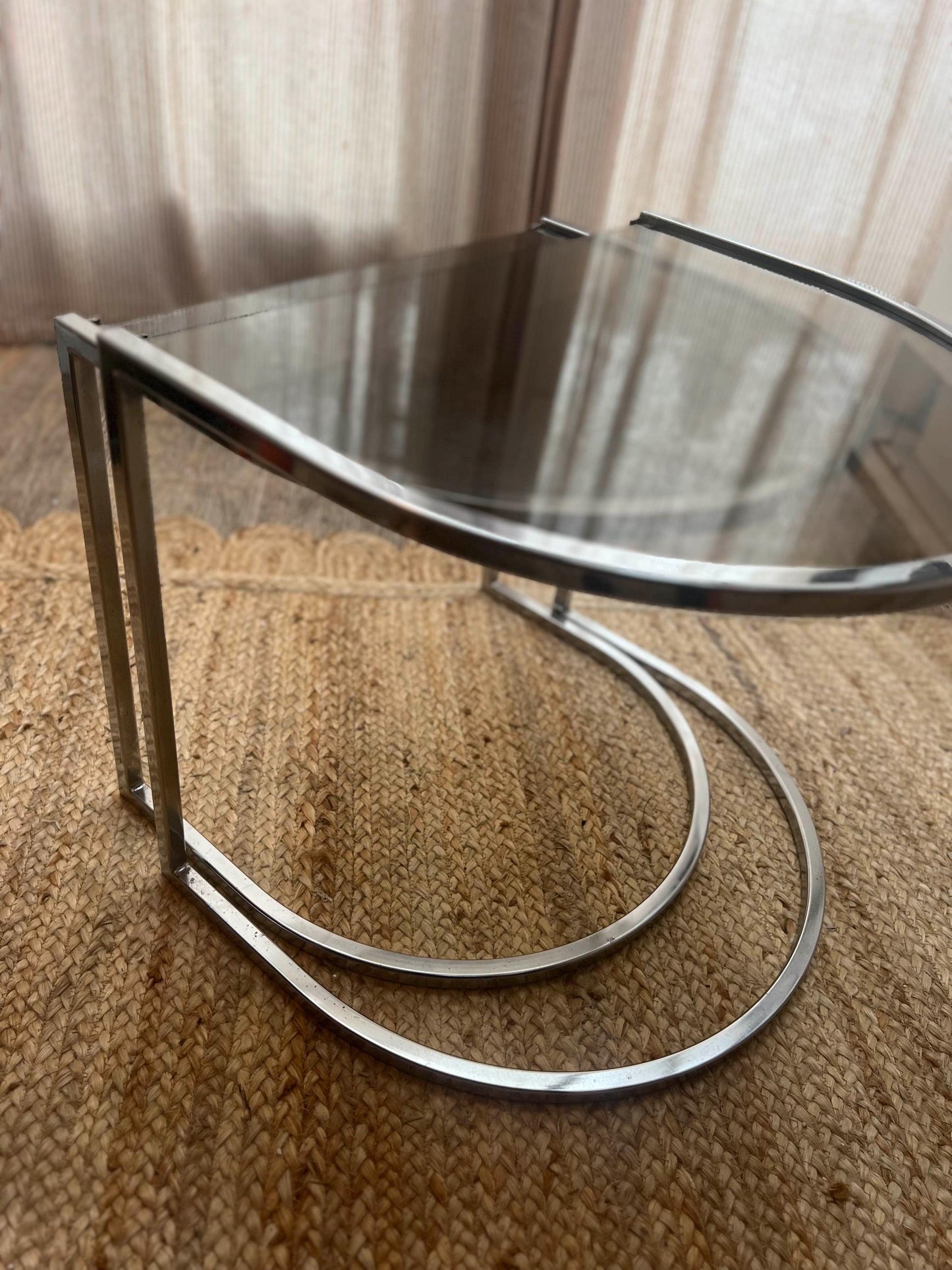c1970s Vico Magistretti Half Moon Chrome and Smoked Glass Nest of Tables.