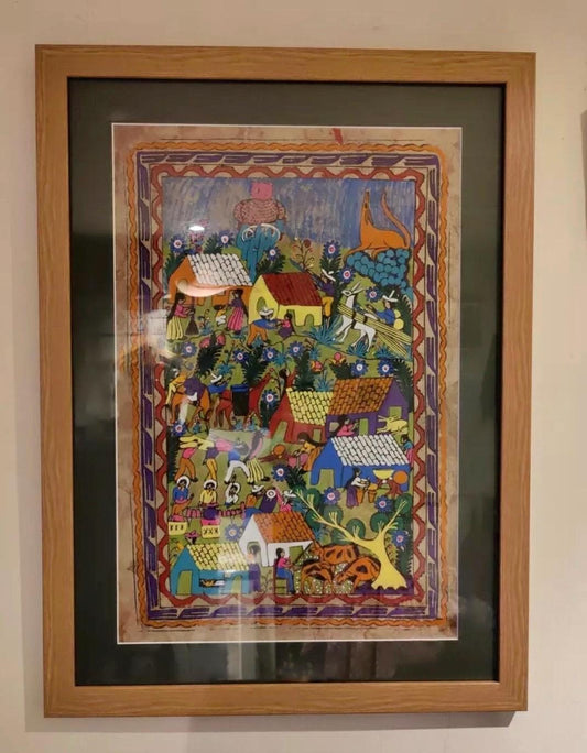 Large Vintage Mexican Amate Bark Painting Framed & Glazed.
