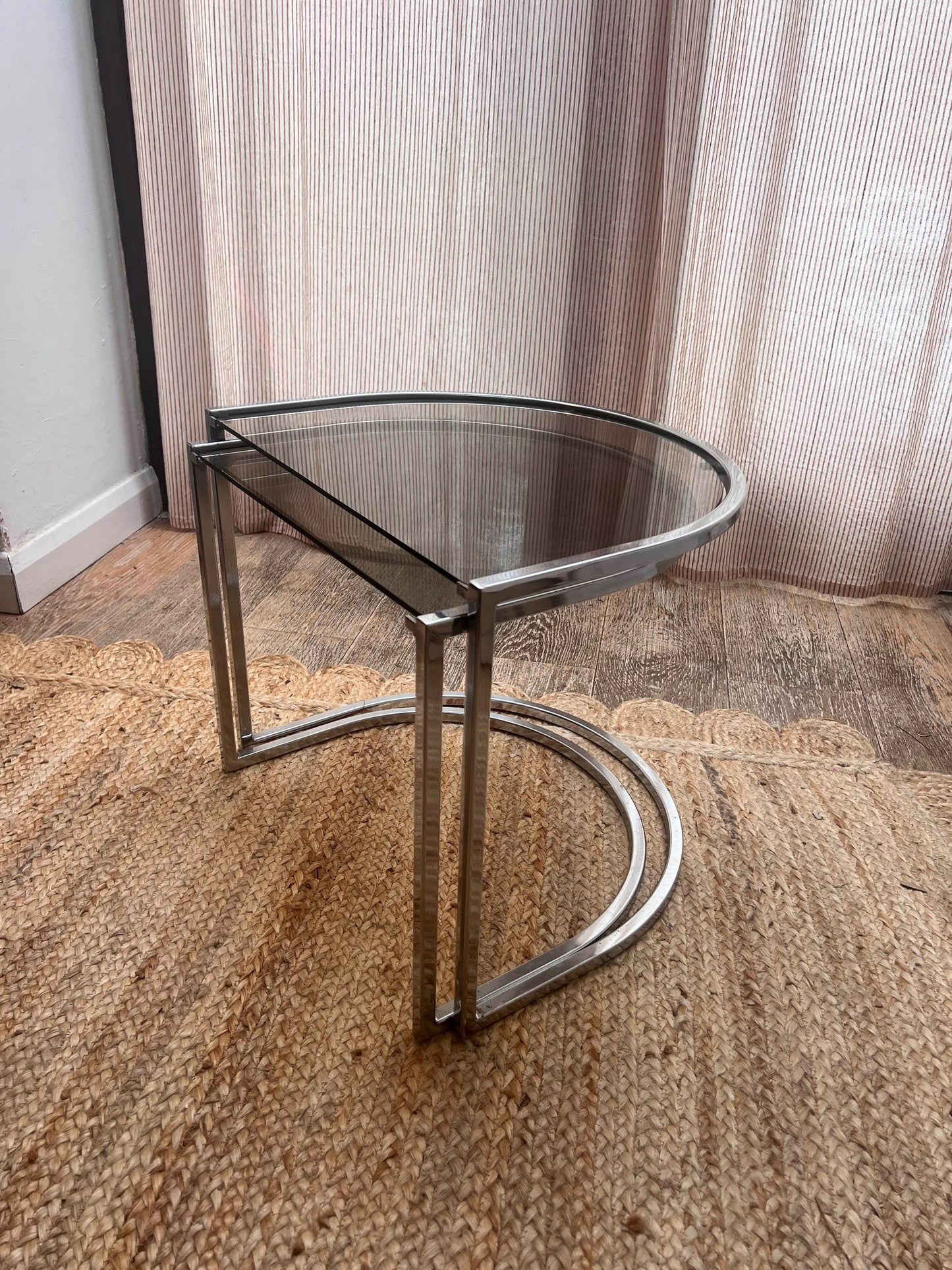 c1970s Vico Magistretti Half Moon Chrome and Smoked Glass Nest of Tables.