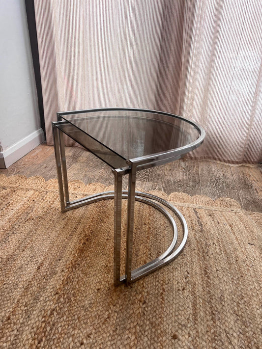 c1970s Vico Magistretti Half Moon Chrome and Smoked Glass Nest of Tables.