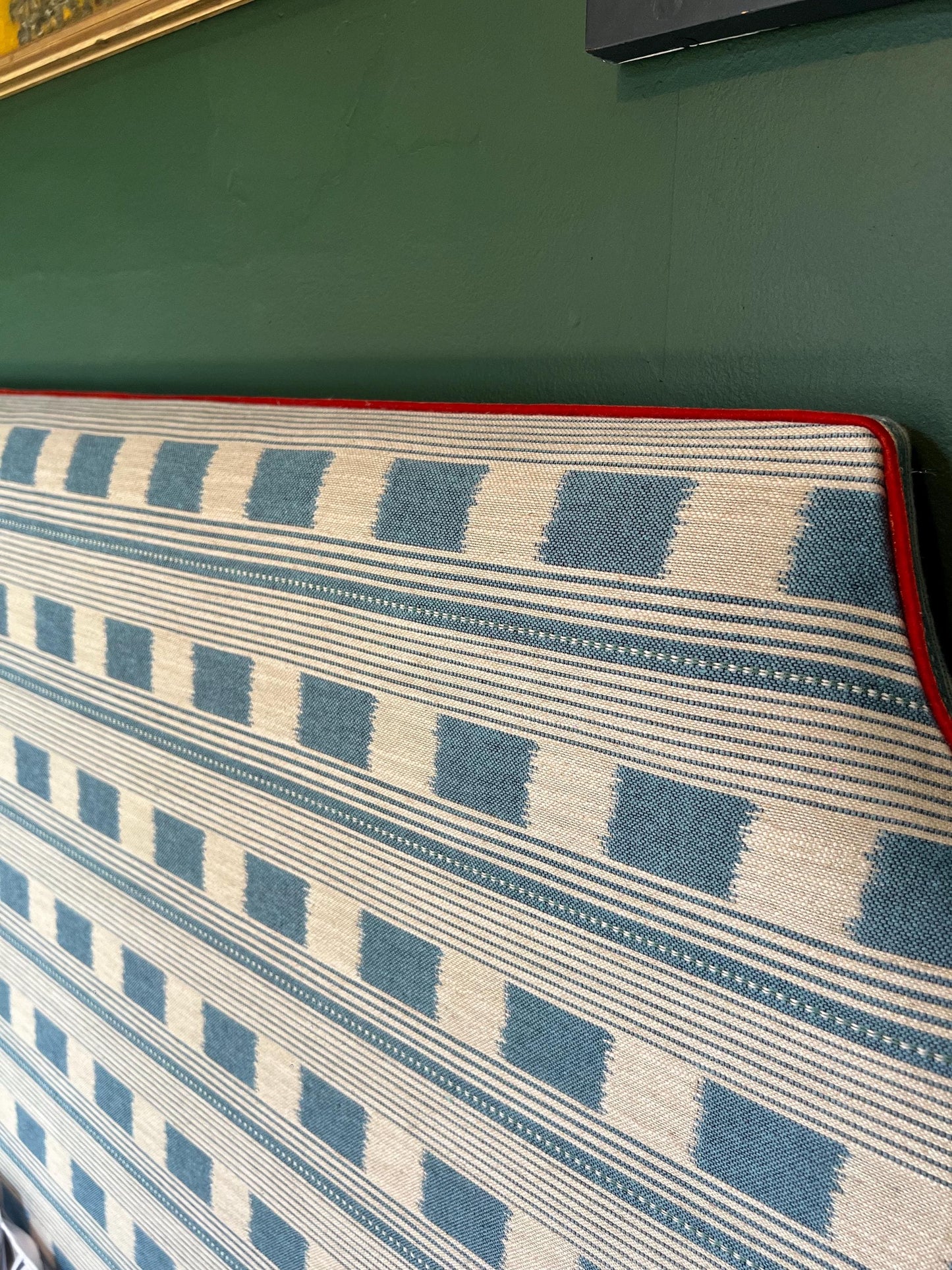 Bespoke Christopher Farr Cloth Lost and Found upholstered floor-standing headboard with piping in a range of shapes and colours
