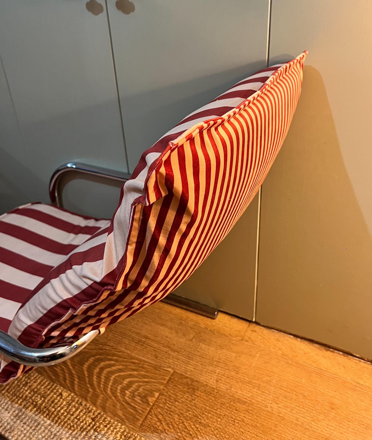Vintage c1970s chrome armchair newly reupholstered in Colours Of Arly Striped velvet in maroon and Alderley Edge