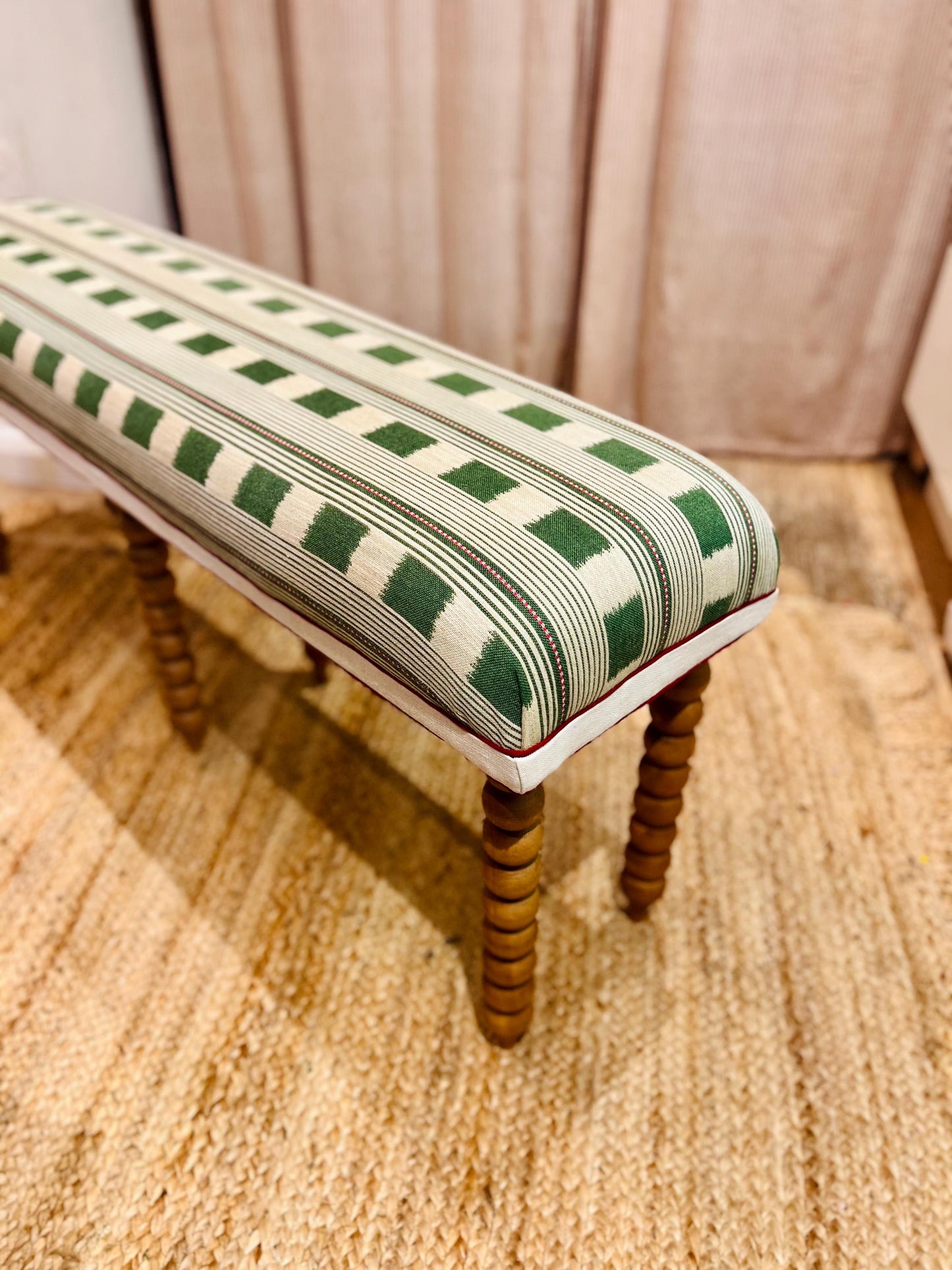 Bespoke Christopher Farr Cloth upholstered bench in “Lost and Found” fabric by Kit Kemp