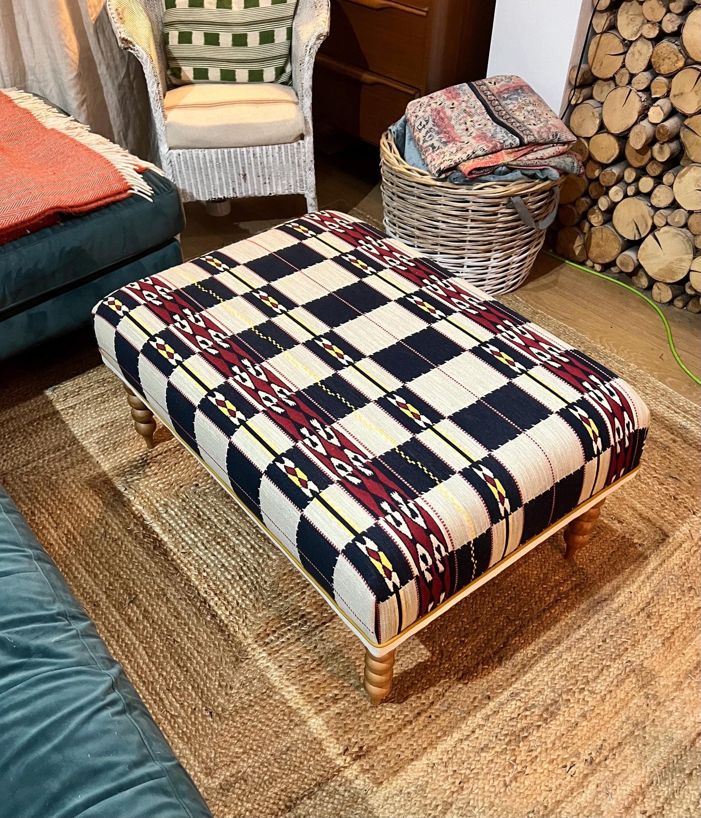 Bespoke Footstool / Ottoman in customers own fabric, custom sizes available and a choice of turned wooden legs