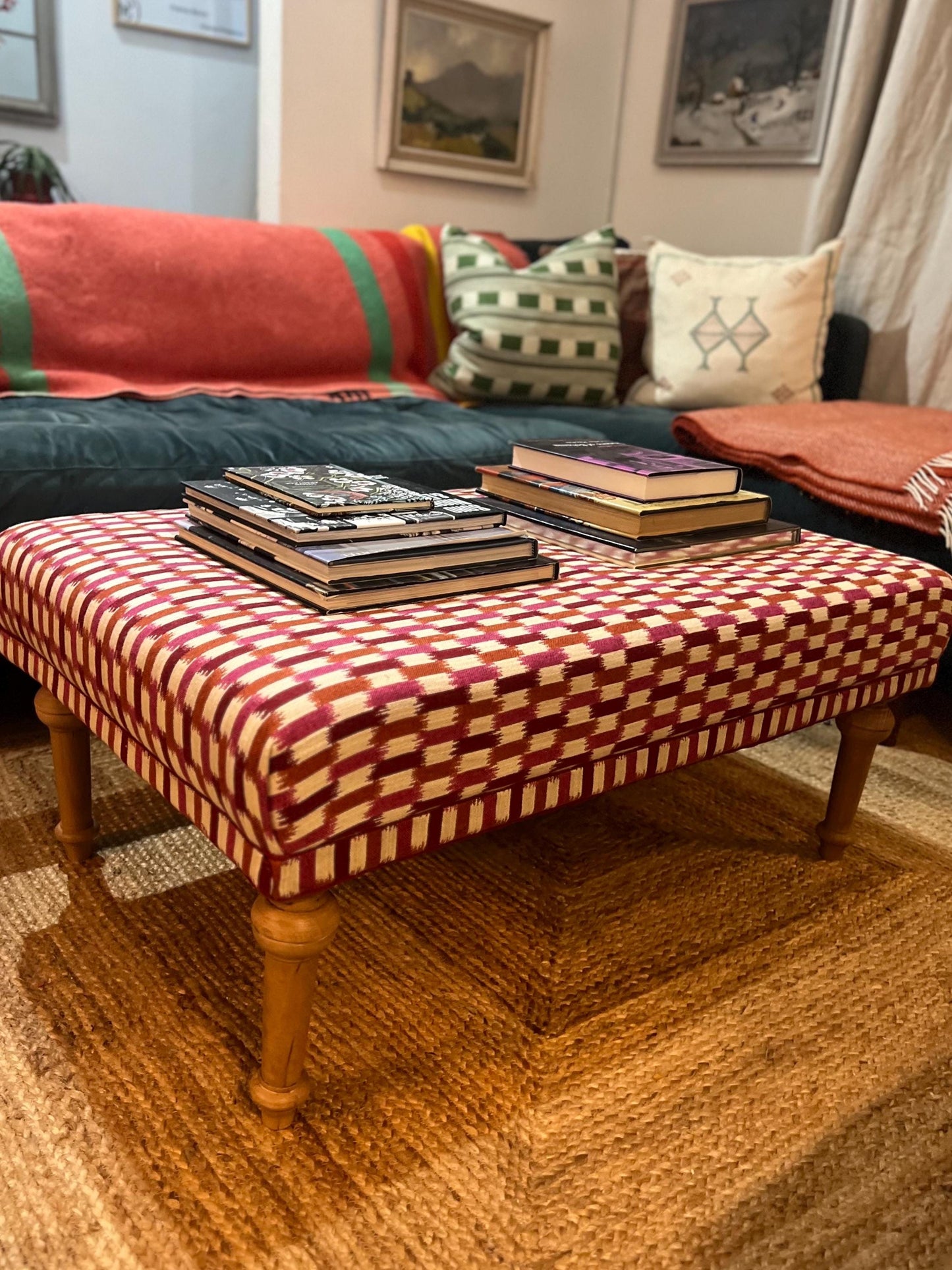 Bespoke Footstool / Ottoman in customers own fabric, custom sizes available and a choice of turned wooden legs