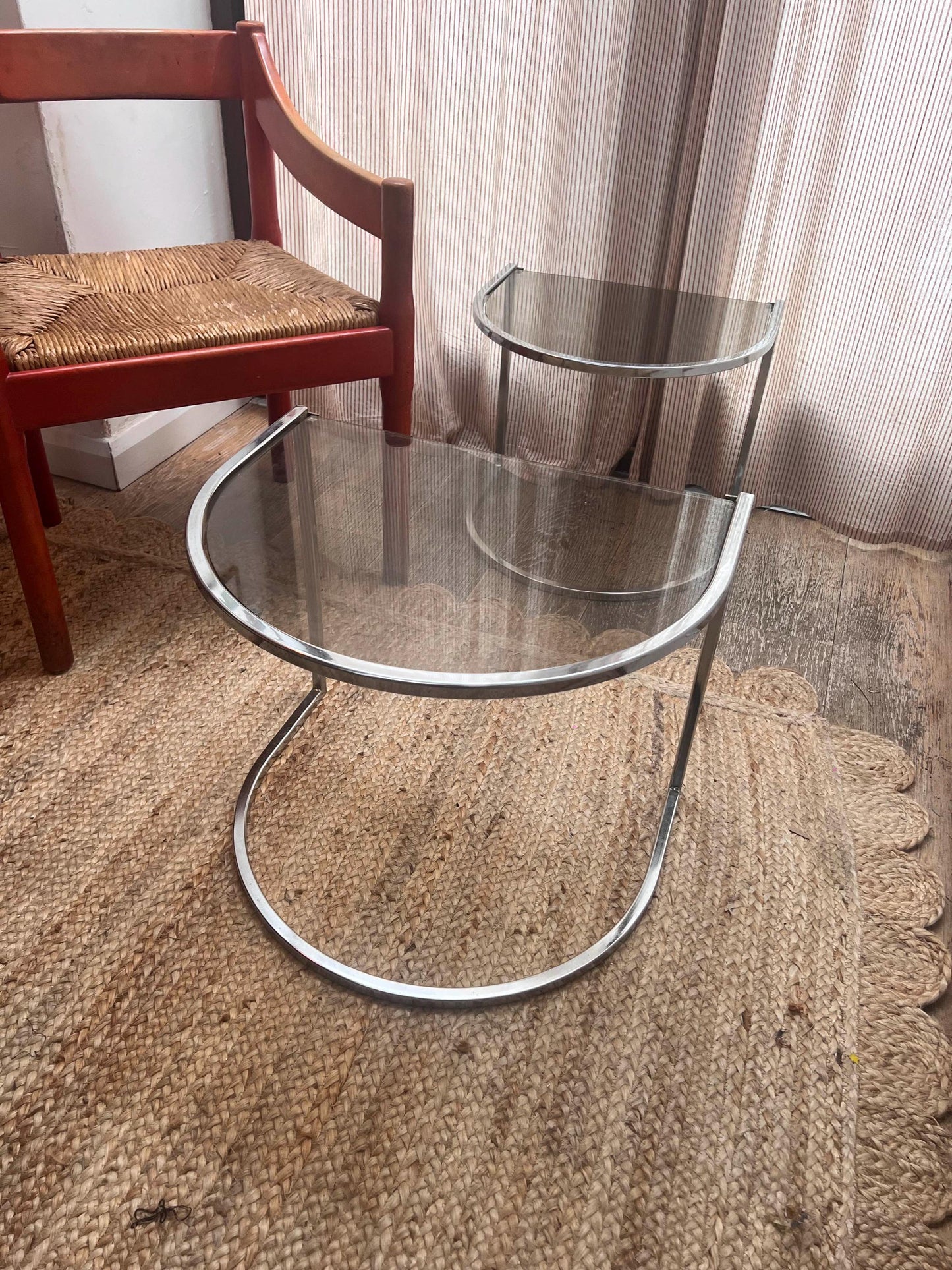 c1970s Vico Magistretti Half Moon Chrome and Smoked Glass Nest of Tables.