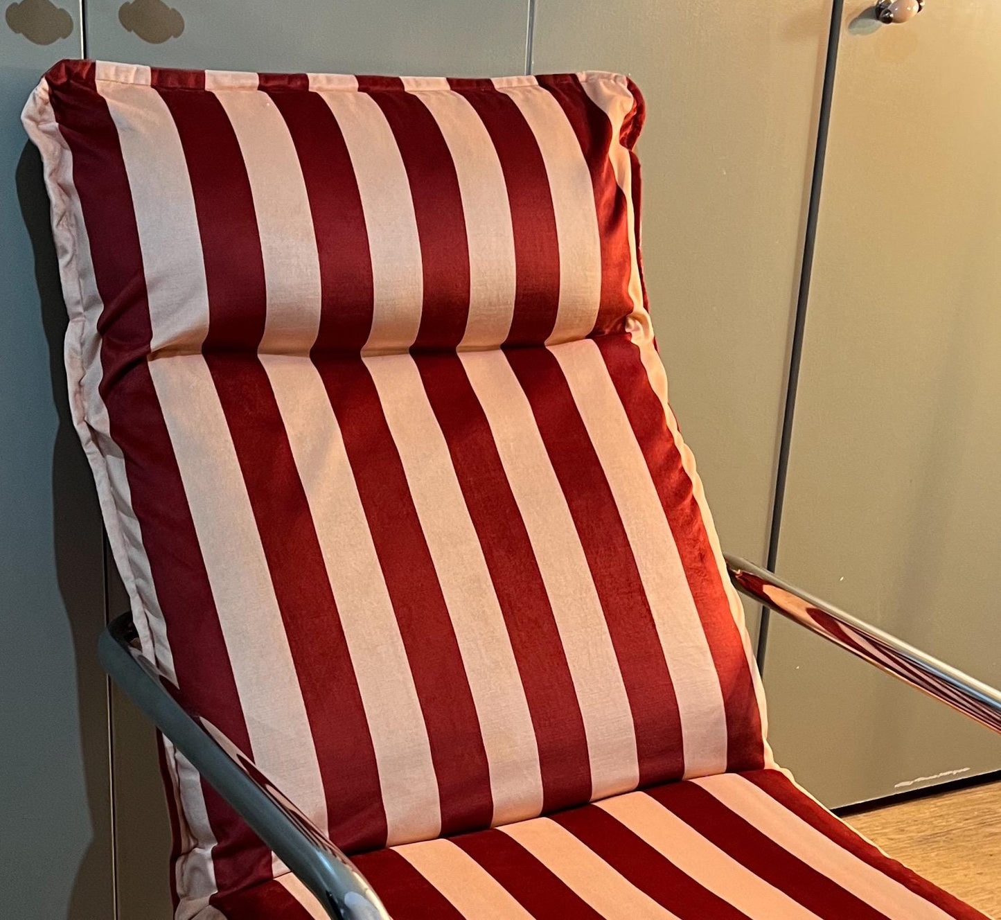 Vintage c1970s chrome armchair newly reupholstered in Colours Of Arly Striped velvet in maroon and Alderley Edge