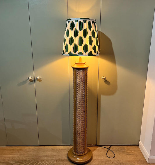 Vintage 1970s woven rattan floor-standing lamp, paired with a handmade blockprinted silk ikat lampshade.