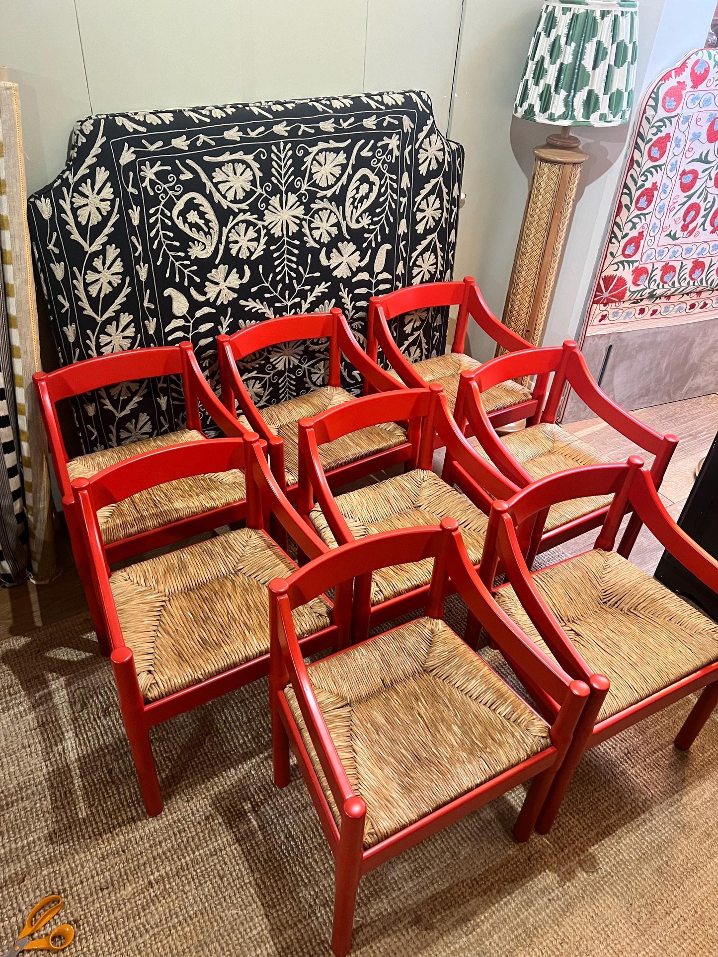 8 Vico Magistretti c1960s Carimate chairs professionally refurbished in classic RAL 3000 RED with rush seats - price is per chair