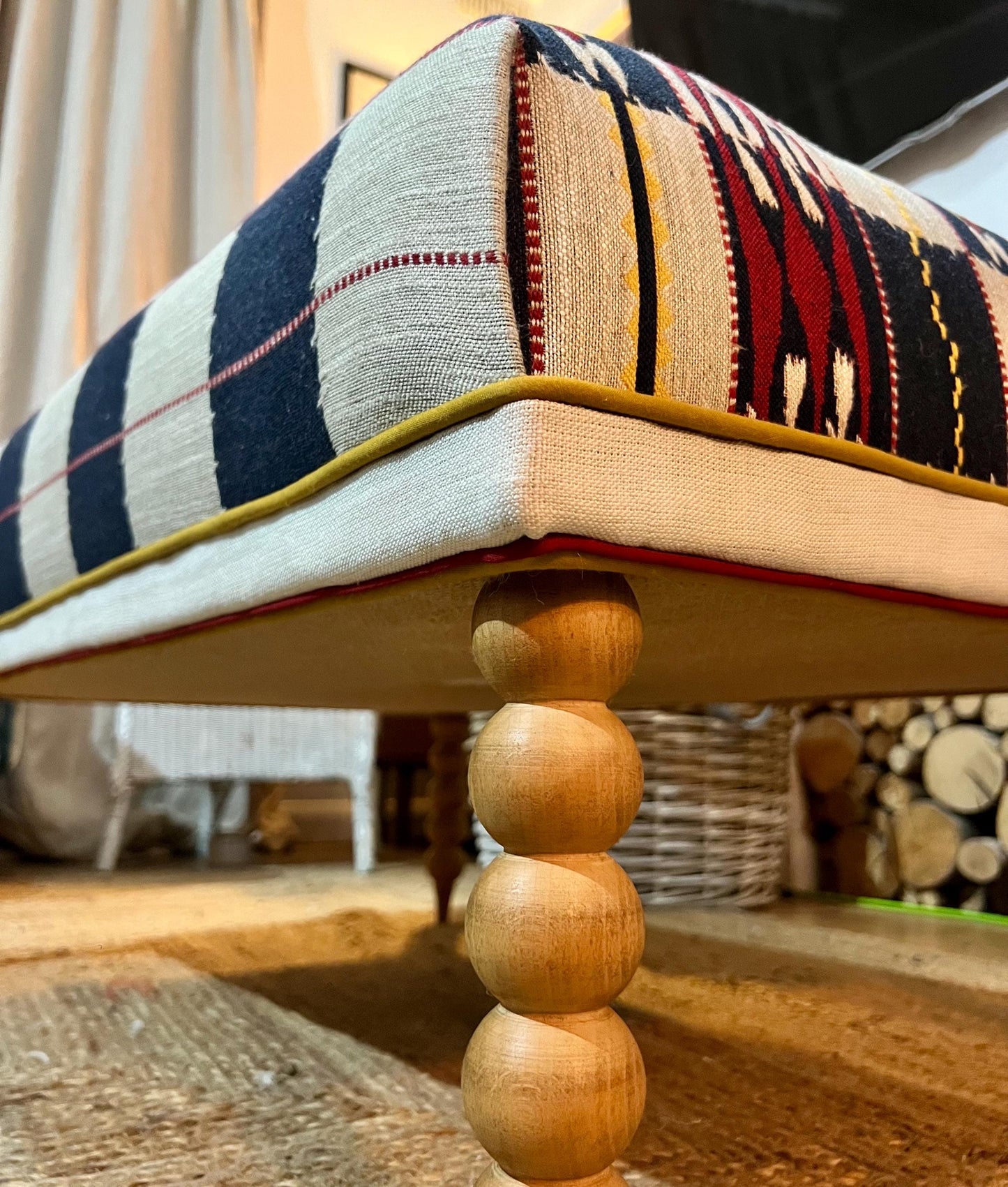 Bespoke Christopher Farr Cloth upholstered Ottoman footstool in "Chubby Check" fabric by Kit Kemp