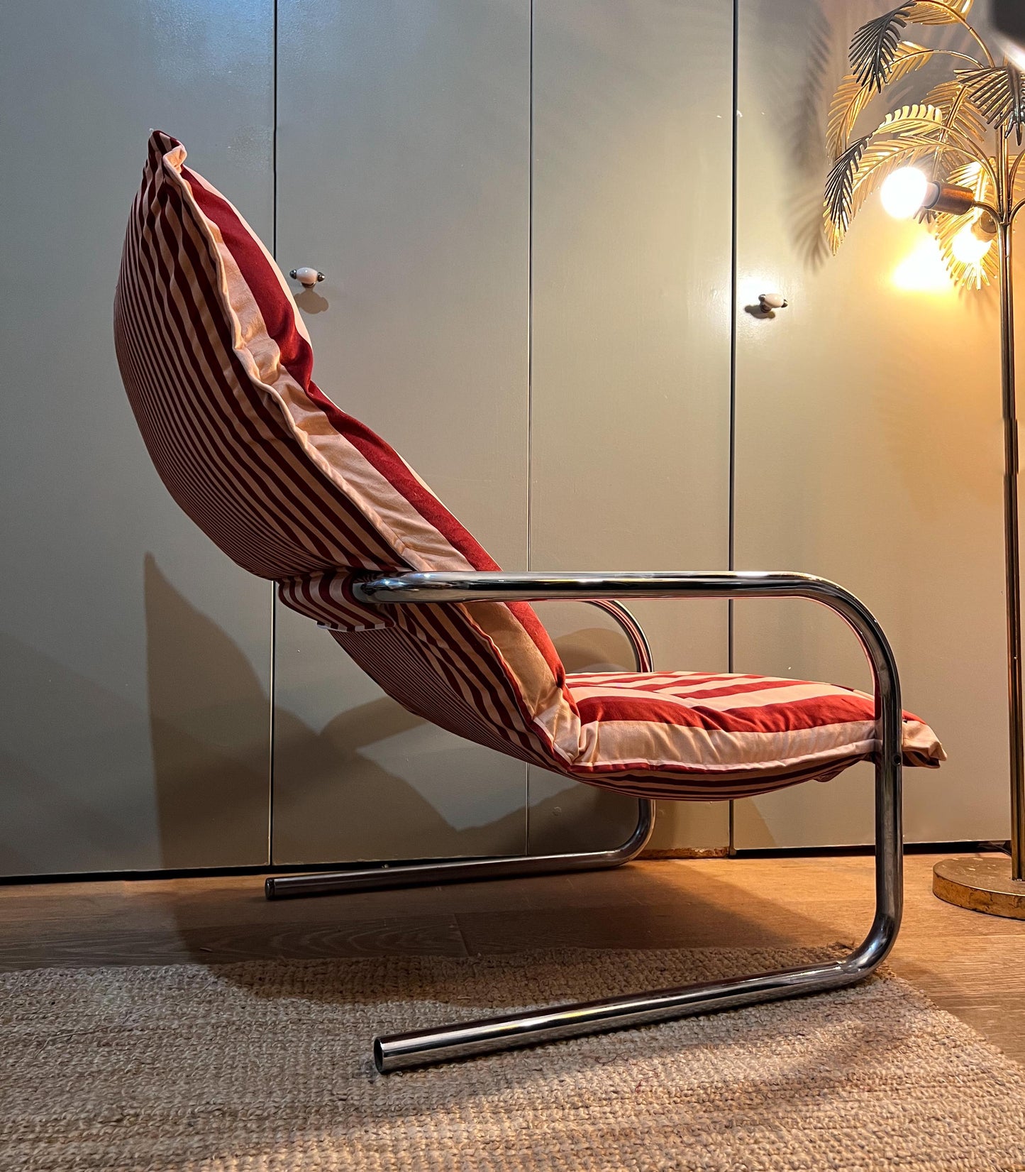 Vintage c1970s chrome armchair newly reupholstered in Colours Of Arly Striped velvet in maroon and Alderley Edge
