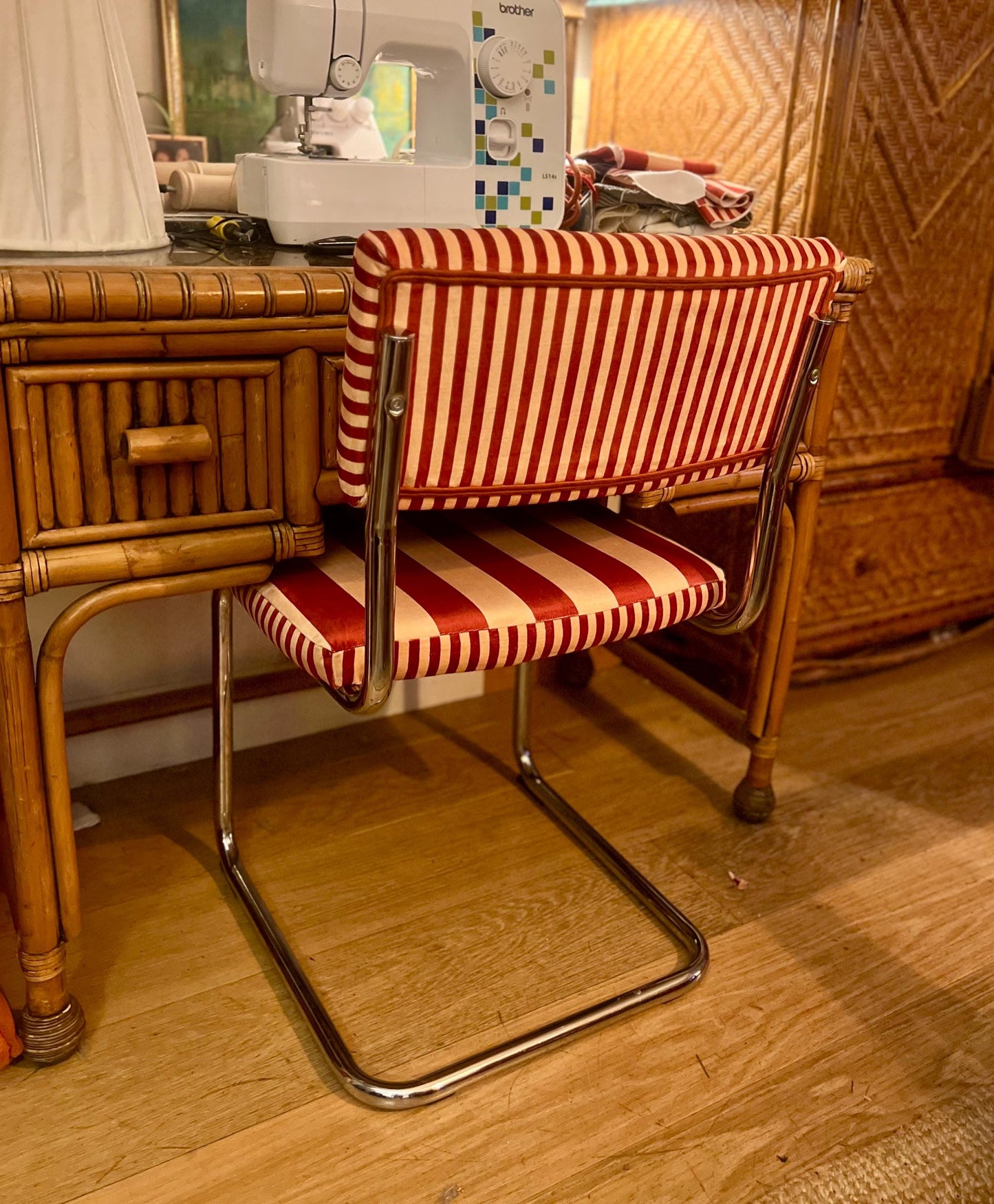 Vintage chrome Cantilever dining chairs c1960s reupholstered in Hackney designer “Colours Of Arley” striped velvet