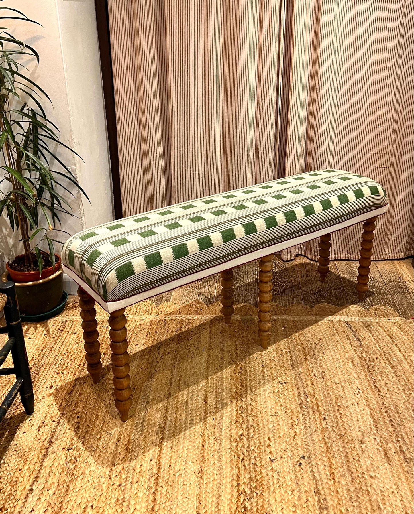 Bespoke Christopher Farr Cloth upholstered bench in “Lost and Found” fabric by Kit Kemp