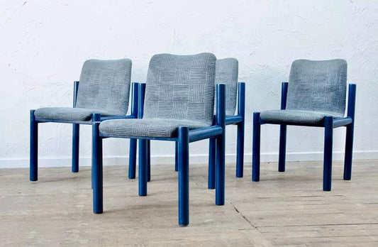 A rare set of four Brutalist Habitat style blue dining chairs reupholstered in your choice of Colours Of Arley Hackney striped velvet