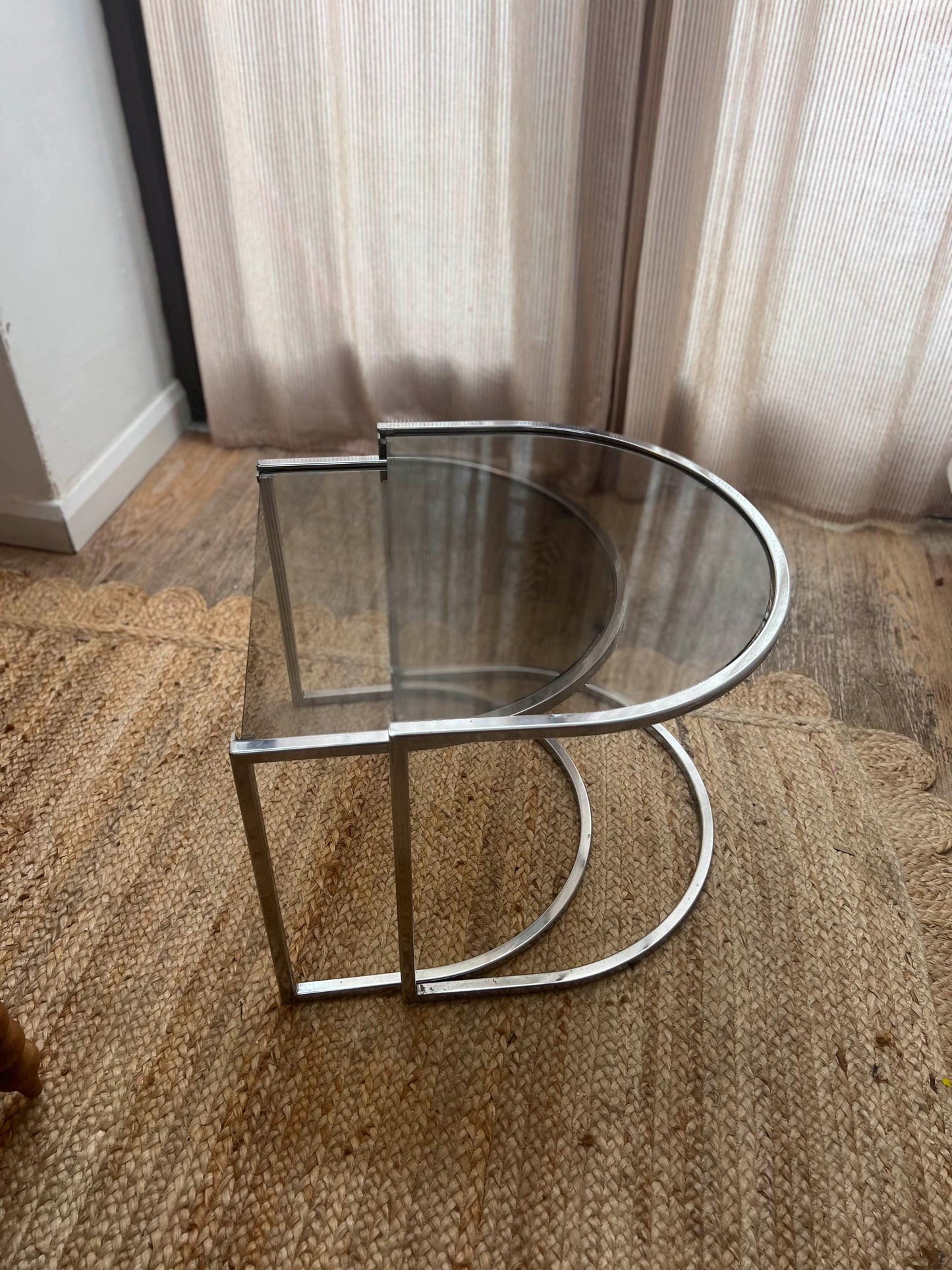 c1970s Vico Magistretti Half Moon Chrome and Smoked Glass Nest of Tables.